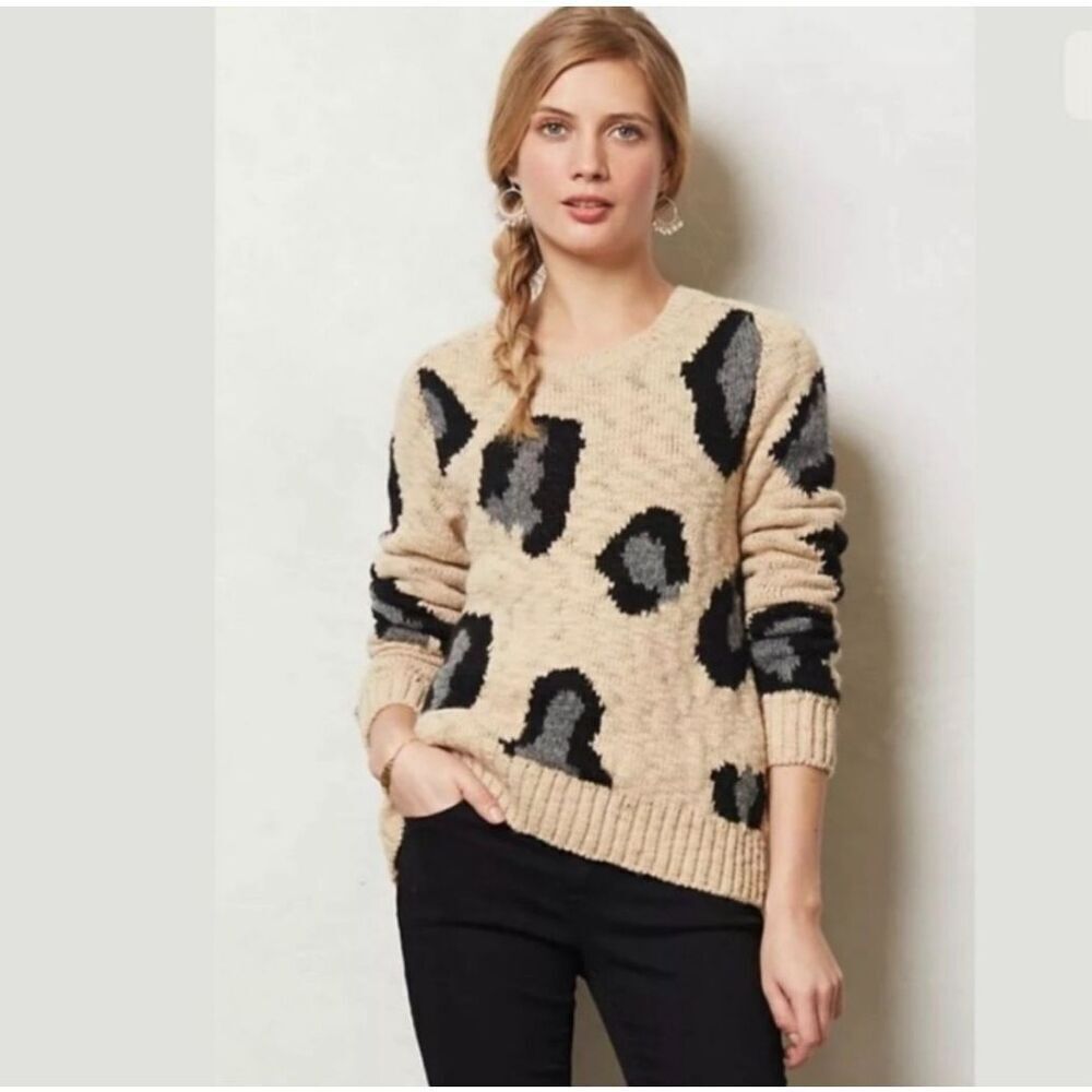 Anthropologie Sleeping on Snow Leopard Animal Print Wool Popover Cozy Sweater M